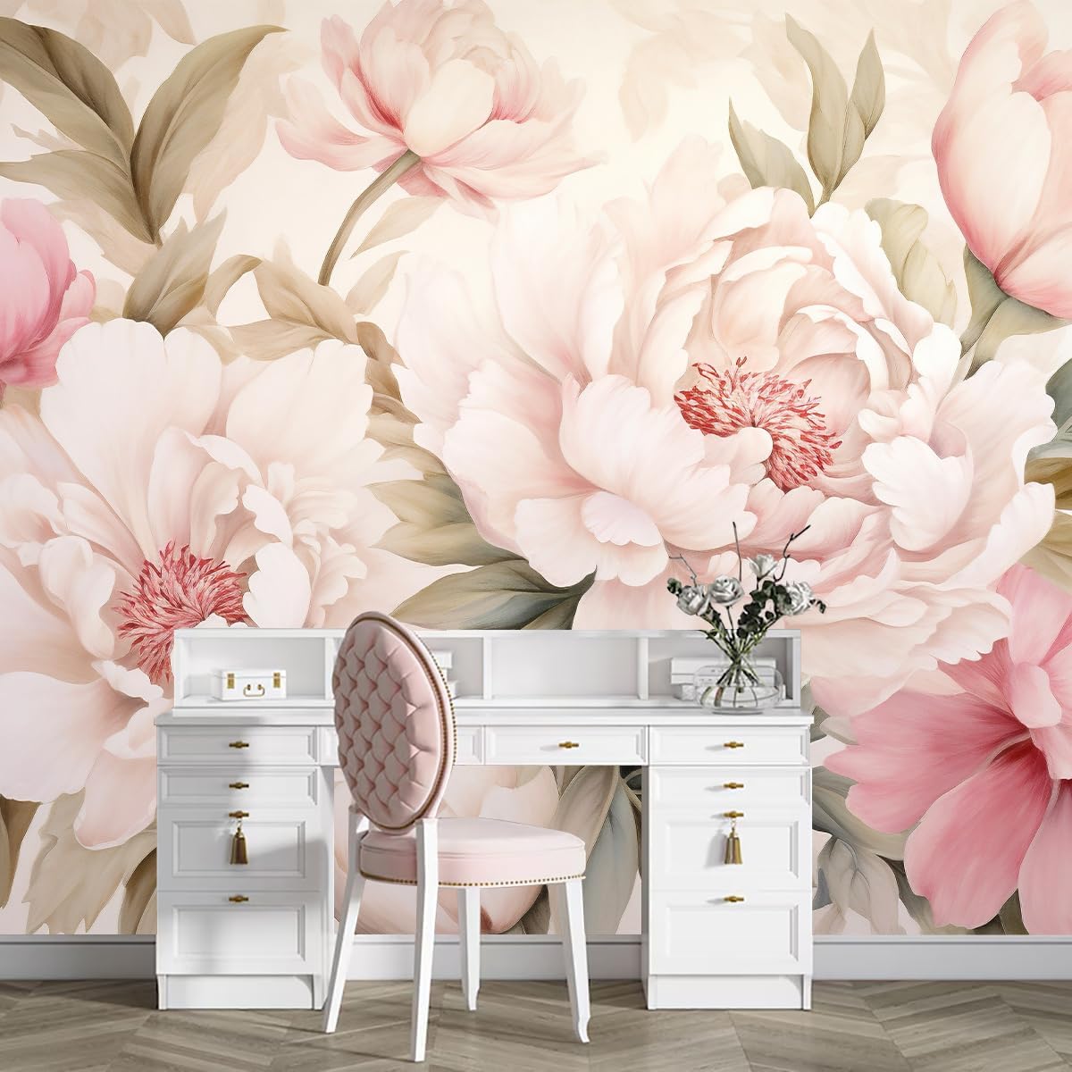 Elegant Peony Floral Mural Wal - Beauty Makeup Desk 评论和价格